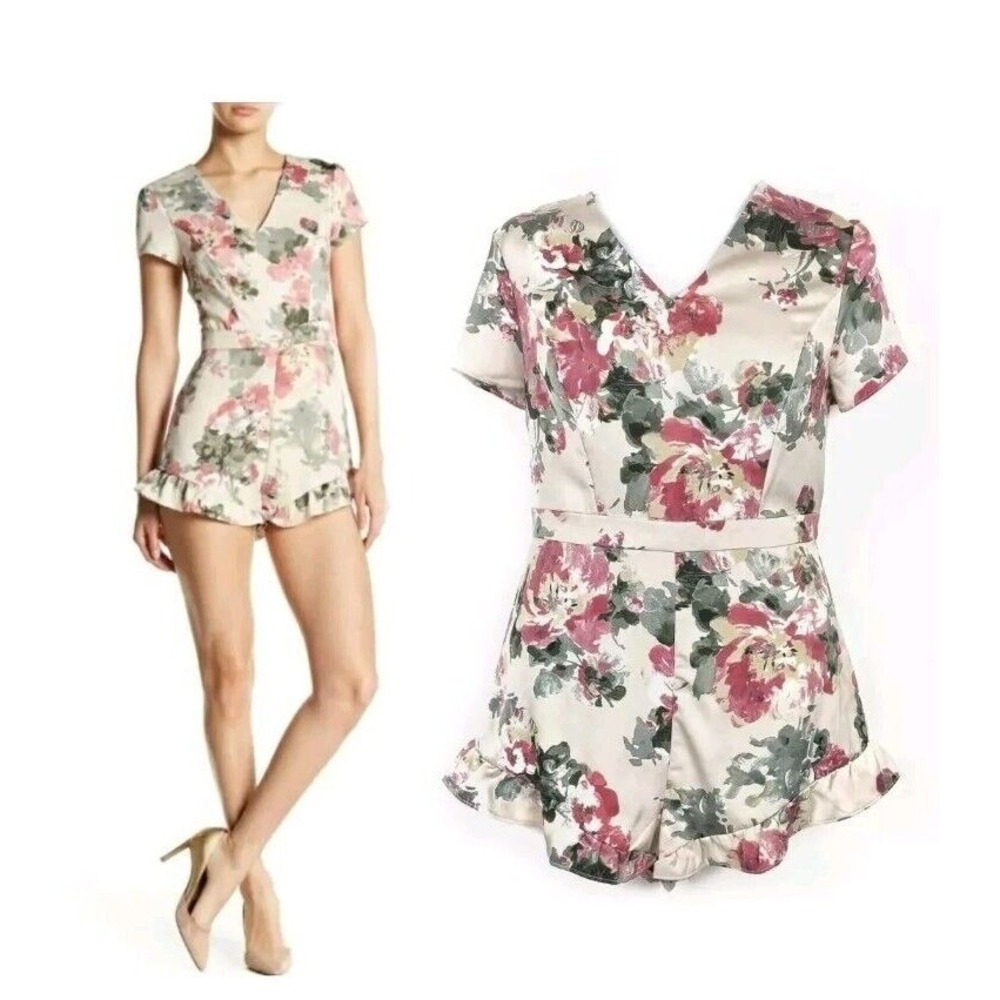 NEW BEBE Floral Satin Stretch Romper Womens 4 Flirty Romantic Coquette - Picture 2 of 9